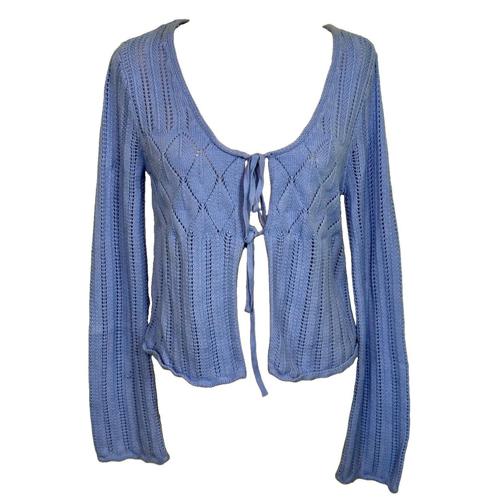 Hollister Cardigan Women Blue Pointelle Knit Front Tie Cropped Long Sleeve Med